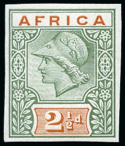 Stamp of British Empire General Collections and Lots » British Empire Essays 1902ca. De La Rue "Minerva head" imperforate printers samples with "AFRICA / 2 1/2d" duty plate set of eight mint nh
