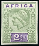 Stamp of British Empire General Collections and Lots » British Empire Essays 1902ca. De La Rue "Minerva head" imperforate printers samples with "AFRICA / 2 1/2d" duty plate set of eight mint nh