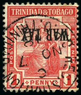 Stamp of Trinidad and Tobago 1917 War Tax 1d red with INVERTED OVERPRINT, used