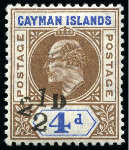 Stamp of Cayman Islands 1908 2 1/2d on 4d handstamped locally, mint, very fine and scarce (SG £1'800)