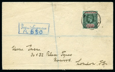 Stamp of Cayman Islands 1912-20 1s Deep Green and Red on green on registered cover to stamp dealers Ewens