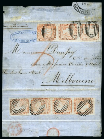 Stamp of Mauritius » 1848-59 Post Paid Issue » Worn Impressions (SG 16-22) UNIQUE FRANKING: 1848-59 Post Paid 1d red, worn impression, VERTICAL STRIP OF FOUR and VERTICAL STRIP OF THREE on cover