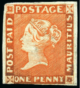 Stamp of Mauritius » 1848-59 Post Paid Issue » Early Impressions (SG 6-9) 1848-59 Post Paid 1d orange-vermilion, early impression, position 11, very close to good