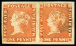 Stamp of Mauritius » 1848-59 Post Paid Issue » Early Impressions (SG 6-9) 1848-59 Post Paid 1d vermilion, early impression, position 8-9, used pair