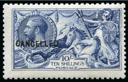 Stamp of Great Britain » King George V » 1913-19 Seahorse Issues 1915 De La Rue Seahorses 10s deep blue mint nh with "CANCELLED" type 24 hs
