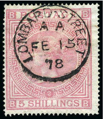Stamp of Great Britain » 1855-1900 Surface Printed » 1867-83 High Values 1867-83 Wmk MC 5s rose pk.2 BB with crisp Lombard Street cds, creased