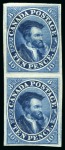 Stamp of Canada 1852-57 10d Blue "Cartier" on machine-made thick wove paper in mint vertical pair, exhibition showpiece