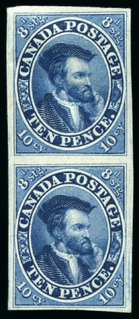 Stamp of Canada 1852-57 10d Blue "Cartier" on machine-made thick wove paper in mint vertical pair, exhibition showpiece