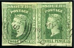 Stamp of Australia » New South Wales 1856-60 3d Dull Green with WATERMARK ERROR "2" for "3" in used pair with fine to huge margins