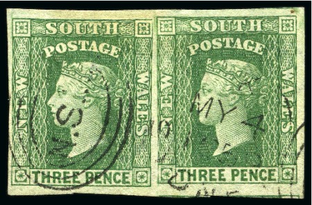 Stamp of Australia » New South Wales 1856-60 3d Dull Green with WATERMARK ERROR "2" for "3" in used pair with fine to huge margins