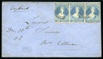 Stamp of New Zealand 1858 (Dec 14) Envelope from Port Ahuriri to England with 1857-63 2d blue on soft white paper, no wmk, in strip of three