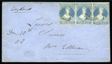 Stamp of New Zealand 1858 (Dec 14) Envelope from Port Ahuriri to England with 1857-63 2d blue on soft white paper, no wmk, in strip of three