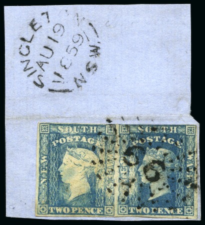 Stamp of Australia » New South Wales 1856-60 2d Deep Dull Blue showing SECOND MAJOR RETOUCH (R9/8) in used pair on piece