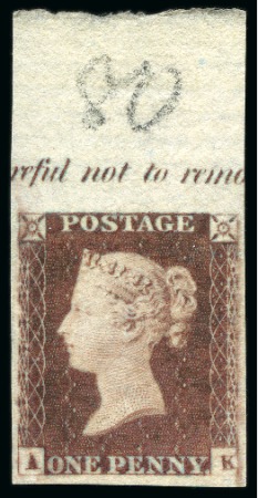 Stamp of Great Britain » 1841 1d Red 1841 1d Deep Red-Brown pl.80 AK imperforate imprimatur