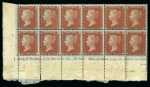 Stamp of Great Britain » 1854-70 Perforated Line Engraved 1854-57 1d Red-Brown, blued paper, wmk Small Crown, perf.14 die II, Alph II, pl.1, in mint og lower left corner marginal plate block of 12