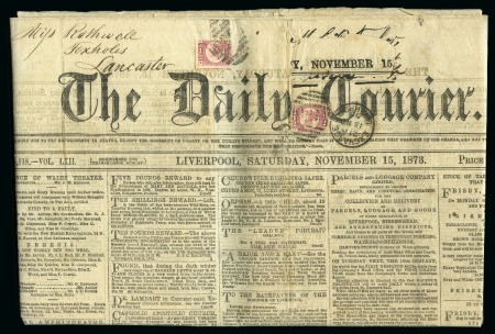 Stamp of Great Britain » 1854-70 Perforated Line Engraved 1873 (Nov 15) Complete eight-page edition of "The Daily Courier" sent with 1870 1/2d rose-red pl.6, redirected with 1/2d pl.4