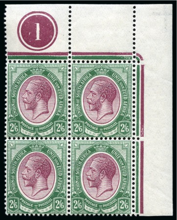 Stamp of South Africa » Union & Republic of South Africa 1913-24 2s6d Purple & Green mint nh top right corner marginal plate block of four with co-extensive "Jubilee" line