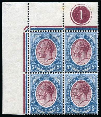 Stamp of South Africa » Union & Republic of South Africa 1913-24 5s Purple & Blue mint nh top right corner marginal plate block of four with co-extensive "Jubilee" line