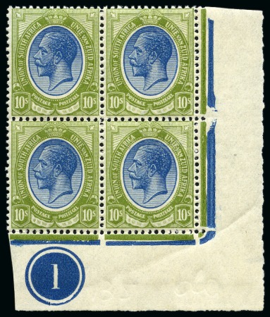 Stamp of South Africa » Union & Republic of South Africa 1913-24 10s Deep Blue & Olive-Green mint nh top right corner marginal plate block of four with co-extensive "Jubilee" line