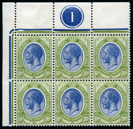 Stamp of South Africa » Union & Republic of South Africa 1913-24 10s Deep Blue & Olive-Green mint nh top left corner marginal plate block of six with co-extensive "Jubilee" line