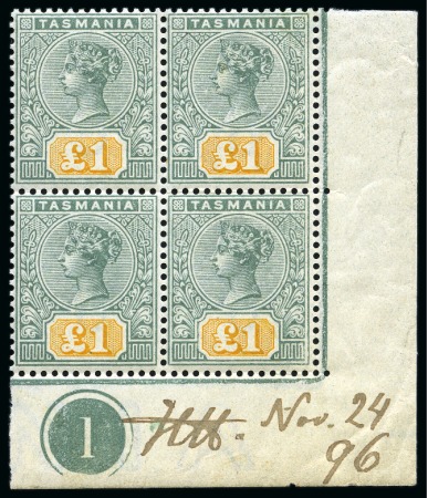 Stamp of Australia » Tasmania 1892-99 £1 Green & Yellow mint nh lower right corner marginal plate block of four from the De La Rue reference sheet