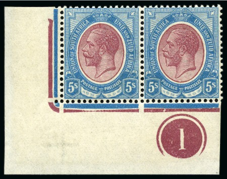 Stamp of South Africa » Union & Republic of South Africa 1913-24 5s Purple & Blue mint nh lower corner marginal plate pair with co-extensive "Jubilee" line