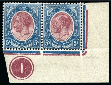 Stamp of South Africa » Union & Republic of South Africa 1913-24 5s Purple & Blue mint nh lower right corner marginal plate pair with co-extensive "Jubilee" line