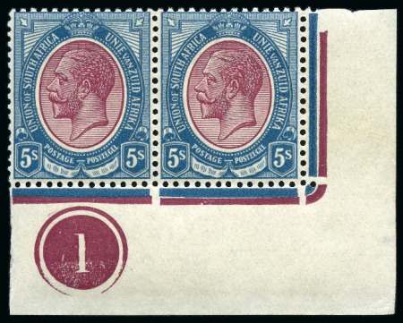 Stamp of South Africa » Union & Republic of South Africa 1913-24 5s Purple & Blue mint nh lower left corner marginal plate pair with co-extensive "Jubilee" line