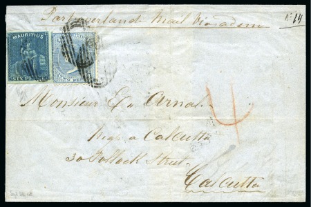 Stamp of Mauritius » Later Issues 1859-61 Britannia 6d blue, good to large margins, in combination with De La Rue 2d blue, both cancelled or tied by oval bars, on 1860 folded letter sheet