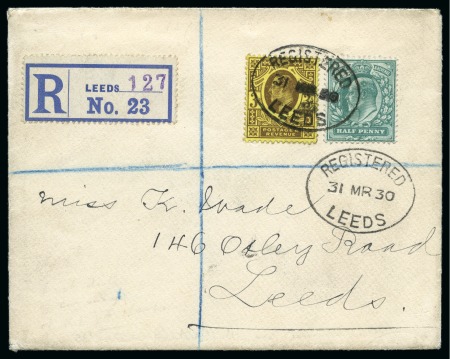 Stamp of Great Britain » King Edward VII » 1911 Harrison & Sons Issues 1930 (Mar 31) Envelope sent registered locally in Leeds with 1911 Harrison 3d purple on lemon