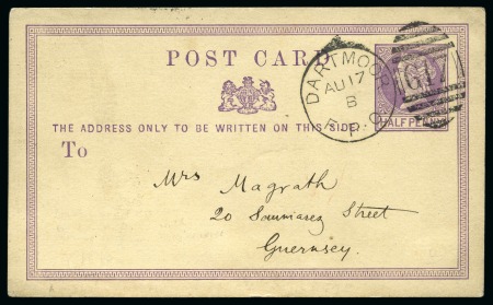 Stamp of Great Britain » Postal Stationery 1873 1/2d Postal stationery card cancelled by "DARTMOOR / F.P.O" "G17" duplex, sent to Guernsey from a soldier whilst on military manoeuvres