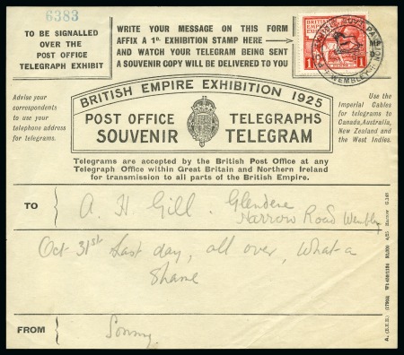 Stamp of Great Britain » King George V » 1924-36 Issues 1925 British Empire Exhibition souvenir telegram with 1925 British Empire 1d tied by the special pictorial cancel