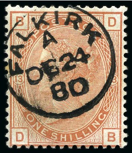 Stamp of Great Britain » 1855-1900 Surface Printed » 1873-80 Large Coloured Corner Letters 1873-80 1s Orange pl.13 with crisp Falkirk (Scotland) cds
