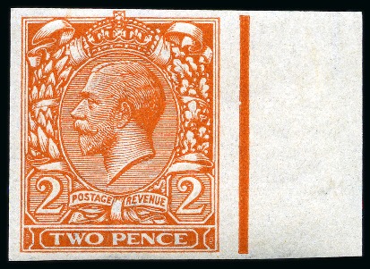 Stamp of Great Britain » King George V » 1912-24 Profile Head Issues 1912-24 Wmk Royal Cypher 2d orange, die II, mint nh right marginal imperforate imprimatur