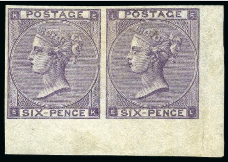 Stamp of Great Britain » 1855-1900 Surface Printed » 1862-64 Small Uncoloured Corner Letters 1862-64 6d Lilac pl.4 (with hair lines) imperforate with inverted watermark in lower right corner marginal pair