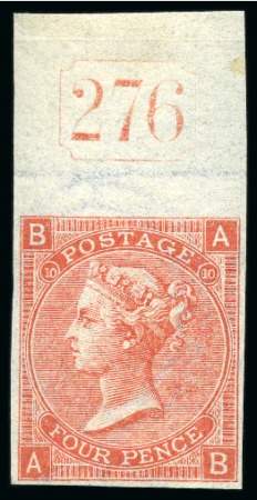 Stamp of Great Britain » 1855-1900 Surface Printed » 1865-67 Large Uncoloured Corner Letters, Wmk Large Garter & Emblems 1865-67 4d Vermilion pl.10 imperforate imprimatur, mint top marginal with current number "276"
