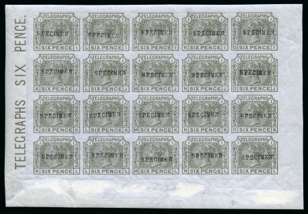 Stamp of Great Britain » Telegraphs 1877 6d Telegraphs mint imperforate pane of twenty with "SPECIMEN" type 9 overprint