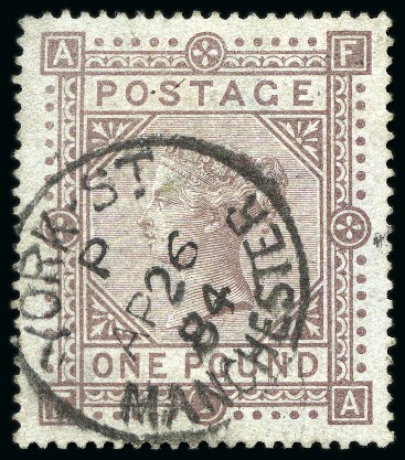 Stamp of Great Britain » 1855-1900 Surface Printed » 1867-83 High Values 1867-83 Wmk Anchor £1 brown-lilac pl.1 FA on blued paper neatly cancelled by YORK ST. / MANCHESTER AP 26 84 cds