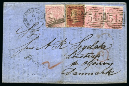 Stamp of Great Britain » 1854-1900 Postal History of the Perforated Line Engraved and Surface Printed Issues DENMARK: 1859 Printed lettersheet from Newcastle upon Tyne with 1856-58 1d perf.14 and three 1857 4d rose-carmine 