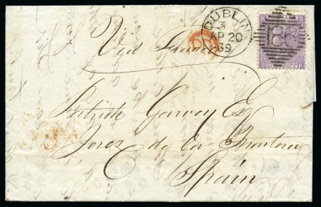 Stamp of Ireland » GB Used In Ireland 1869 (Apr 20) Entire from Dublin to Spain with GB 1867-80 6d lilac (with hyphen) tied by crisp "186" Dublin duplex