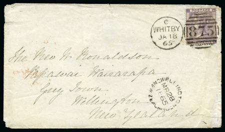 Stamp of Great Britain » 1854-1900 Postal History of the Perforated Line Engraved and Surface Printed Issues NEW ZEALAND: 1865 (Jan 18) Envelope from Whitby to New Zealand with 1862-64 6d lilac pl.3 