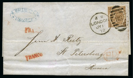 Stamp of Great Britain » 1854-1900 Postal History of the Perforated Line Engraved and Surface Printed Issues RUSSIA: 1872 (Jul 1) Wrapper from London to St. Petersburg