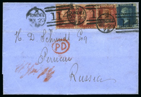 Stamp of Great Britain » 1854-1900 Postal History of the Perforated Line Engraved and Surface Printed Issues ESTONIA: 1873 (May 23) Wrapper from Dundee to Pernau with 1864-79 1d red pl.167 strip of three and 1858-76 2d blue pl.14 