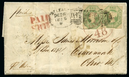 Stamp of Ireland » GB Used In Ireland 1856 (Dec 26) Entire from Belfast to the USA with two 1847-54 Embossed 1s green tied by Belfast spoons