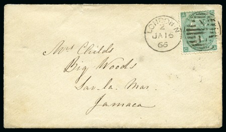 Stamp of Great Britain » 1854-1900 Postal History of the Perforated Line Engraved and Surface Printed Issues JAMAICA: Two covers to Jamaica incl. 1866 envelope to Savanna la Mar and and 1873 wrapper "per RMS Tasmanian" to Vere