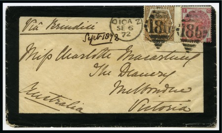 Stamp of Ireland » GB Used In Ireland 1872 (Sep 6) Mourning envelope from Dublin to Australia with 1872-73 6d chestnut wing marginal and 1867-80 3d 