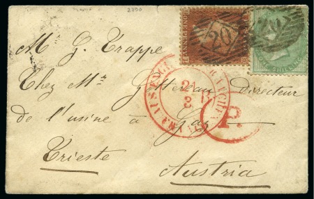 Stamp of Great Britain » 1854-1900 Postal History of the Perforated Line Engraved and Surface Printed Issues AUSTRIA: 1857 (Mar 20) Envelope from London to Trieste with 1855-57 1s and 1854-57 1d red