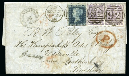 Stamp of Great Britain » 1854-1900 Postal History of the Perforated Line Engraved and Surface Printed Issues SWEDEN: 1856 (Apr 20) Entire from Soho Iron Works Bolton to Gothenburg with 1855-57 6d pair and 1854-57 2d blue