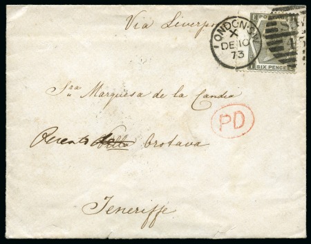 Stamp of Great Britain » 1854-1900 Postal History of the Perforated Line Engraved and Surface Printed Issues SPANISH ISLANDS: 1873 (Dec 10) Envelope from London to Teneriffe in the Canary Islands