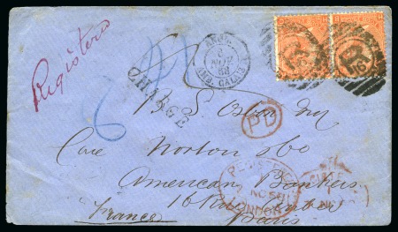 Stamp of Great Britain » 1854-1900 Postal History of the Perforated Line Engraved and Surface Printed Issues FRANCE: 1868 (Oct 7) Wrapper sent registered to France with 1865-67 4d pl.10 pair